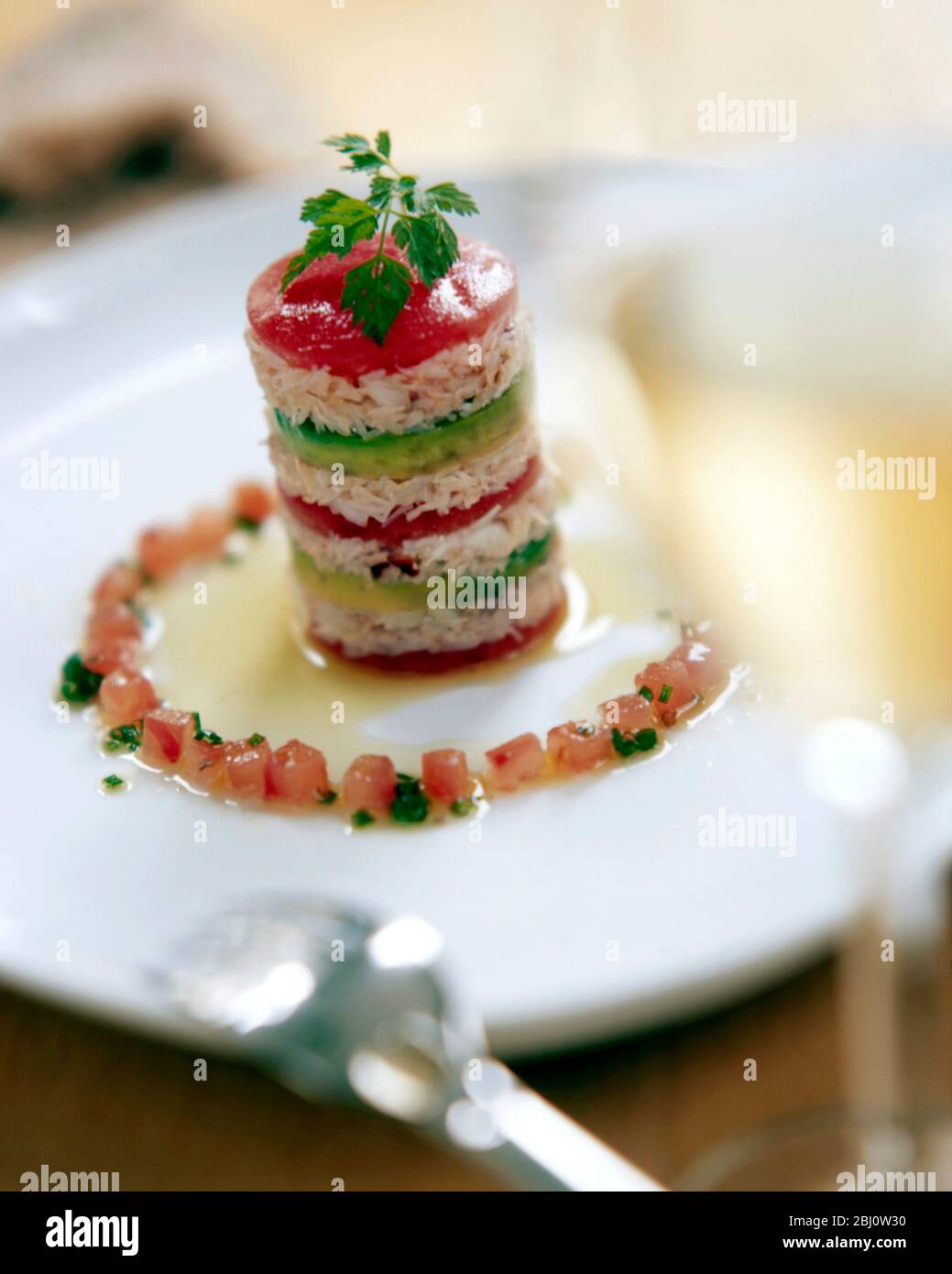 Elegante antipasto di strati di crabmeat, avocado, pomodoro su piatto decorato con cerchio di pomodoro a dadini e vinaigrette leggera - Foto Stock