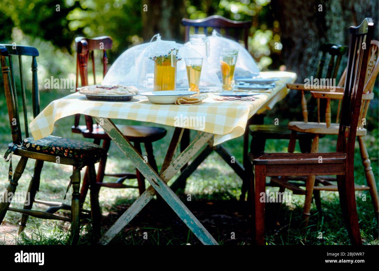 Comodo tavolo e sedie vecchio set fuori sotto un albero al sole per un pasto picnic - Foto Stock