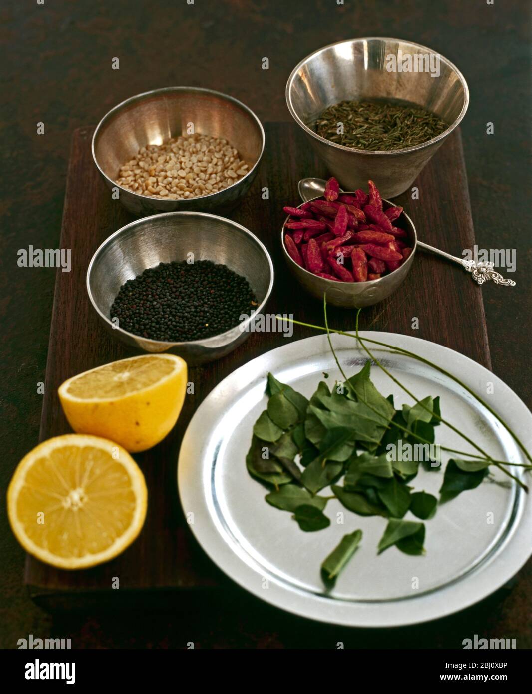 Spezie indiane e condimenti disposti su una varietà di piatti e ciotole di metallo, pronti per preparare un piatto tradizionale - Foto Stock