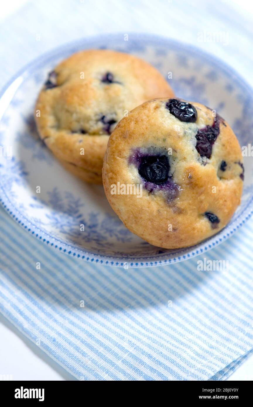Muffin di mirtillo appena sfornato su tovagliolo a strisce blu con cina blu e bianca - Foto Stock