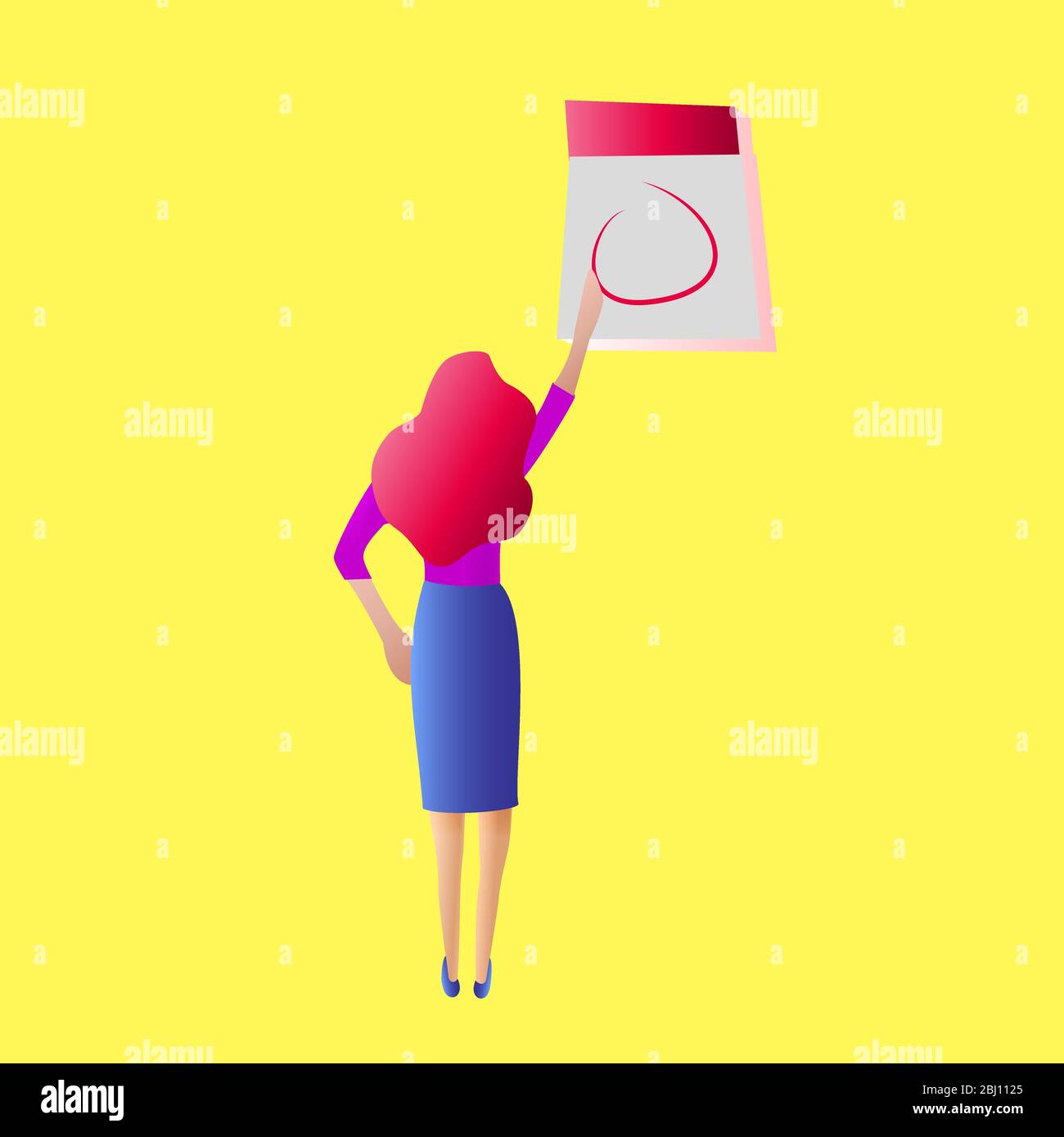 Una donna o una ragazza che sta in piedi che disegnano un cerchio su una data speciale nel calendario sul muro. Eventi, gravidanza, mestruazioni, ovulazione. Illustrazione Vettoriale