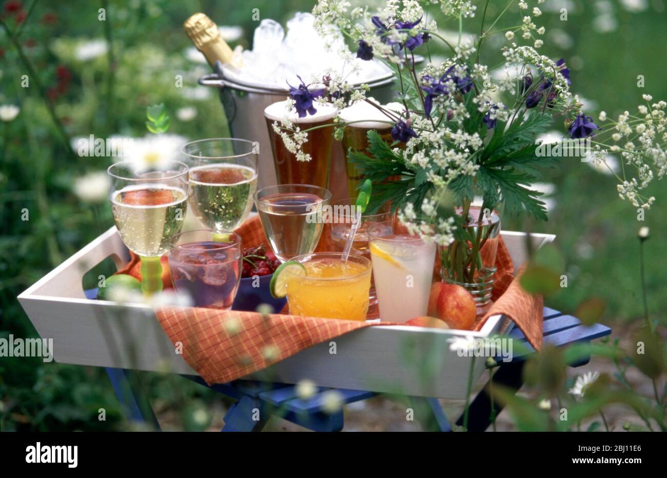 Vassoio di varie bevande in bicchieri in giardino estivo con fiori selvatici - Foto Stock