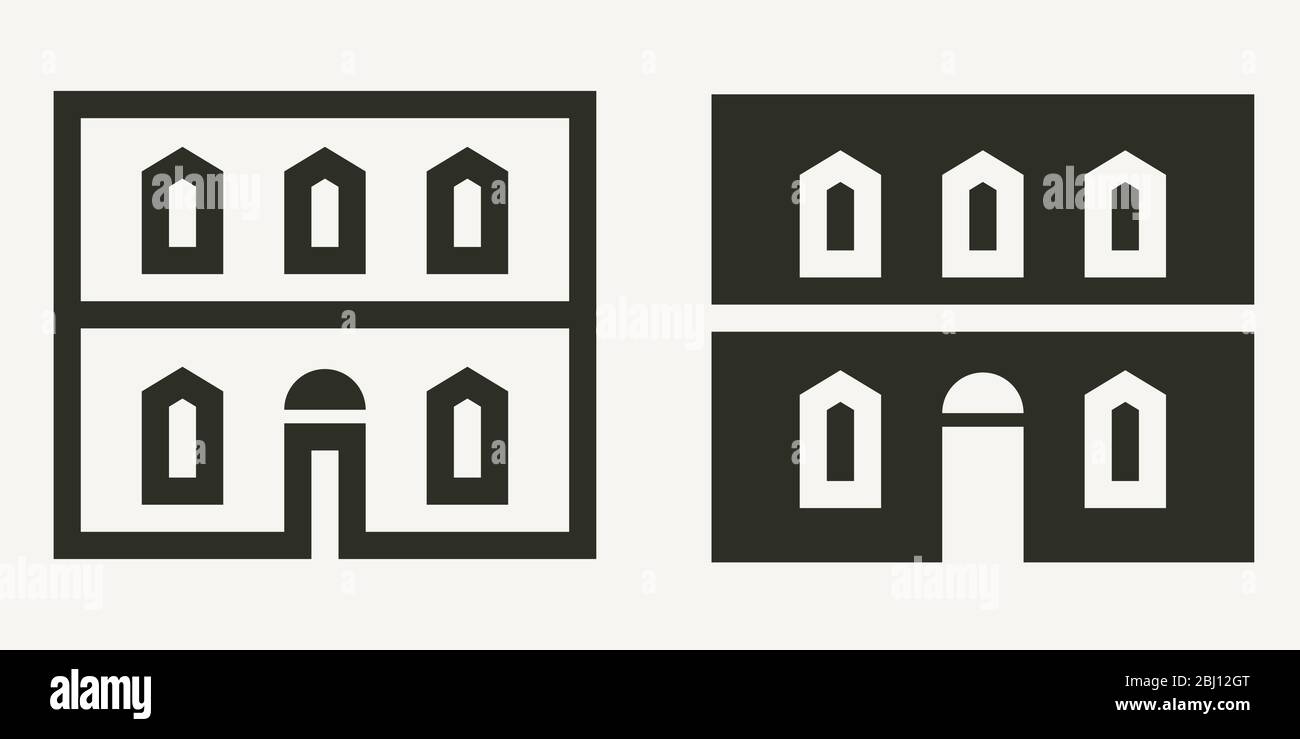 Facciata storica di edificio minimalista con contorni e solide icone vettoriali Illustrazione Vettoriale
