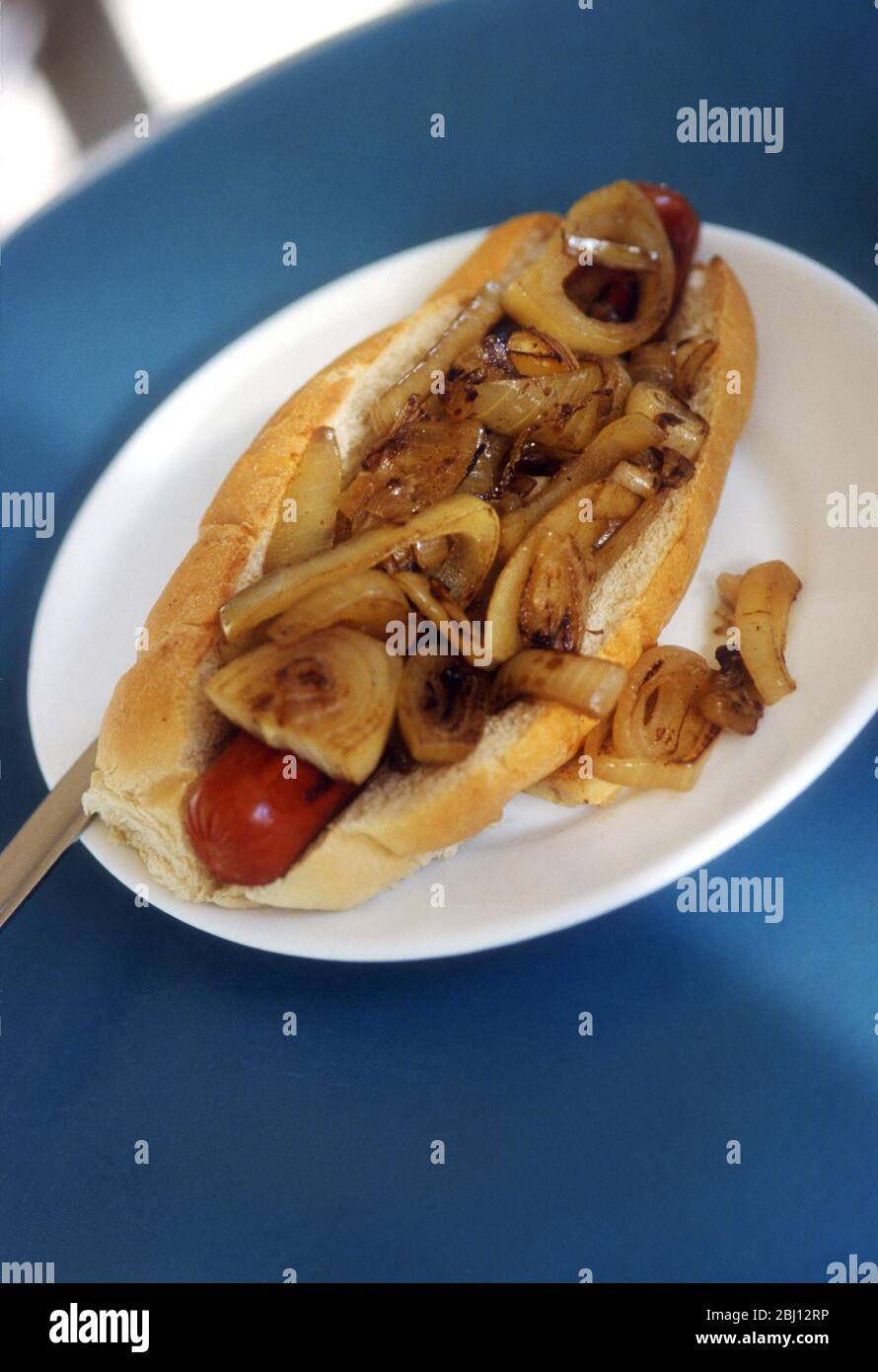 Hot dog in rotolo sottomarino con cipolle fritte e senape - Foto Stock