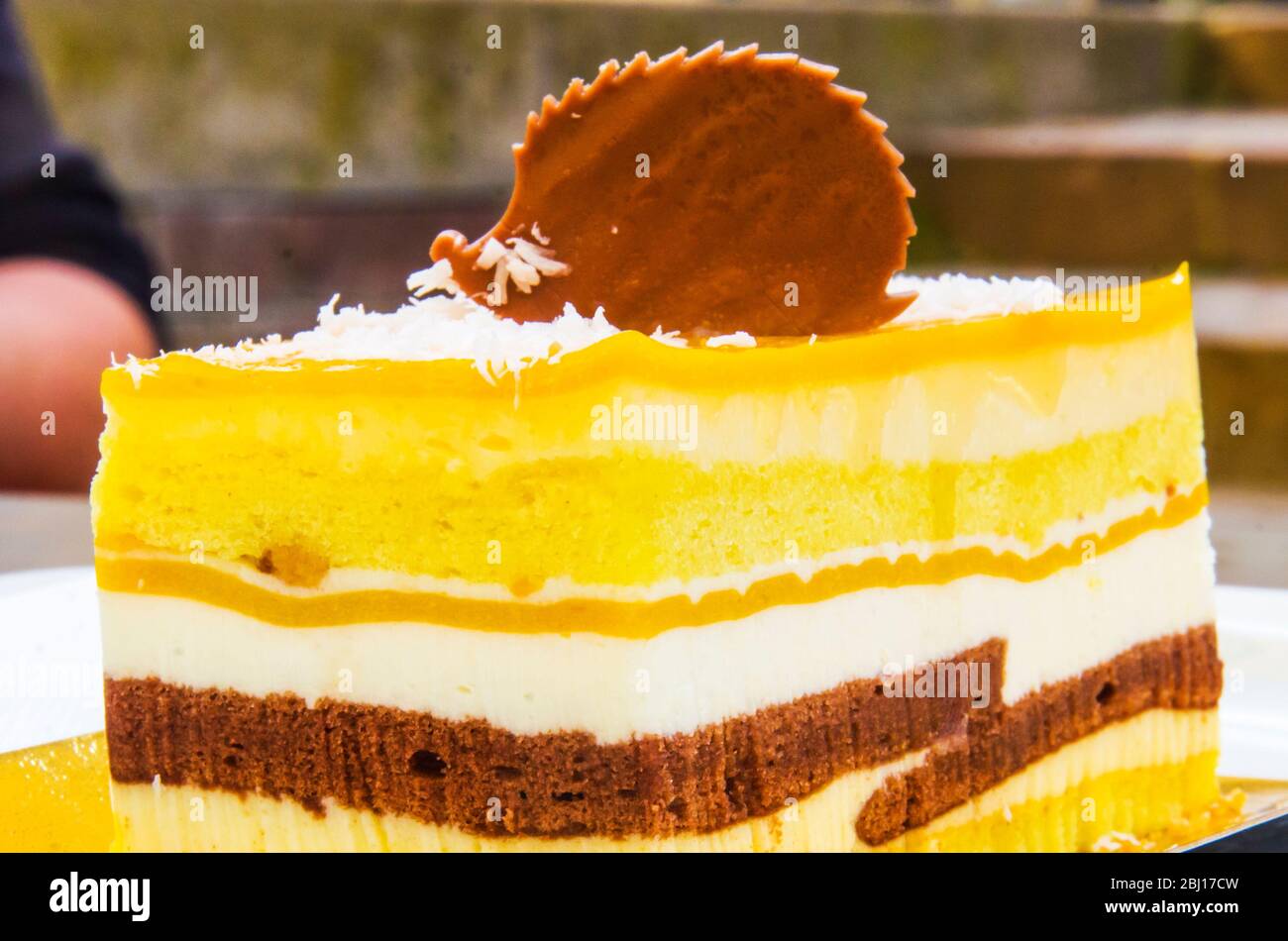 parfait al cioccolato, pan di spagna, crema e mango con decorazione di cioccolato al latte Foto Stock