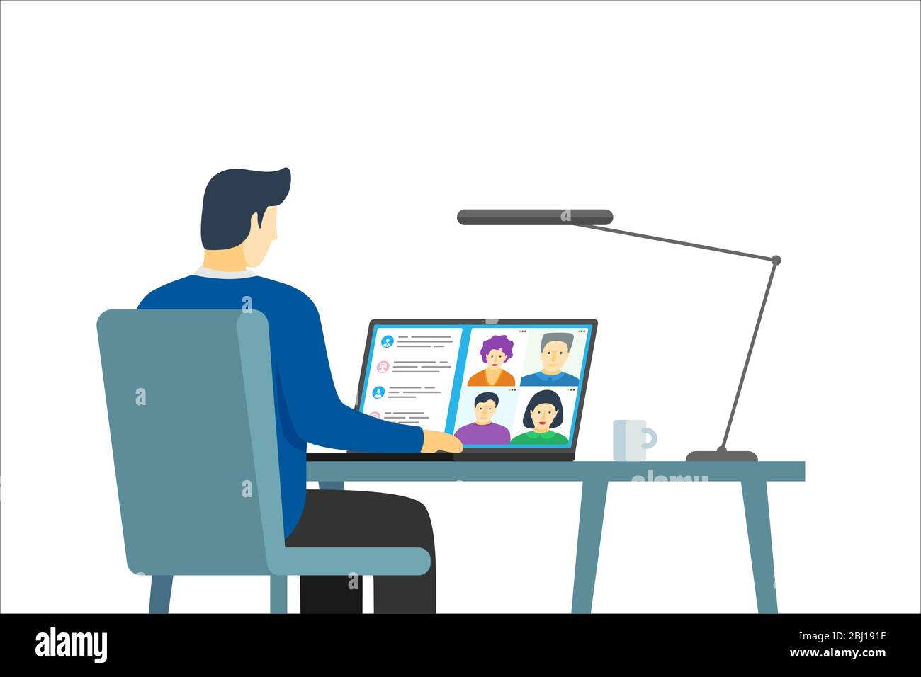 Uomo che usa un computer portatile con gruppo di persone sullo schermo che partecipa a una conferenza online. Riunione di lavoro virtuale e webinar o videoconferenza a distanza. Videoconferenza e comunicazione Web remota Illustrazione Vettoriale