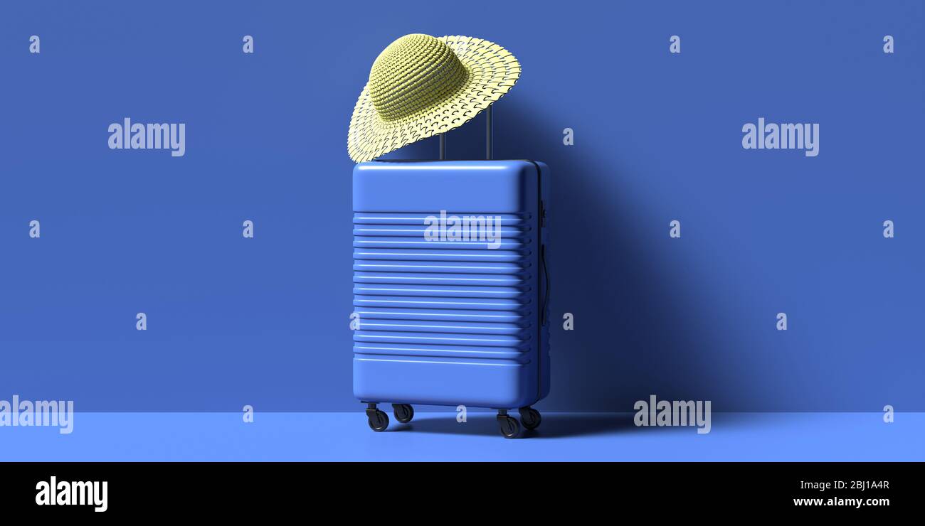 Cappello di paglia su valigia trolley, parete blu e fondo pavimento. Destinazioni estive accessori di viaggio, viaggiatore per vacanze estive. illustrazione 3d Foto Stock