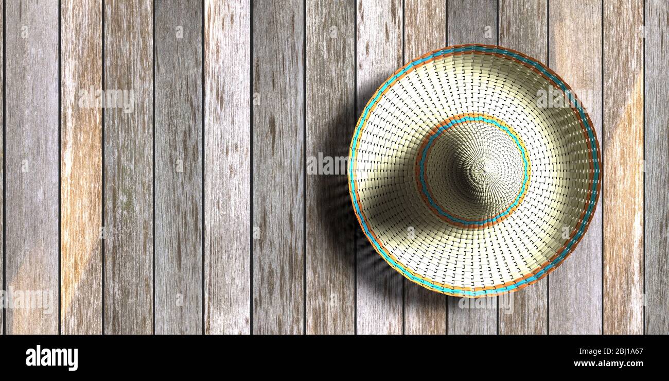 Cappello Sombrero su sfondo muro di legno. Tradizionale copricapo messicano ornato, protezione solare, souvenir. Spazio di copia. illustrazione 3d Foto Stock