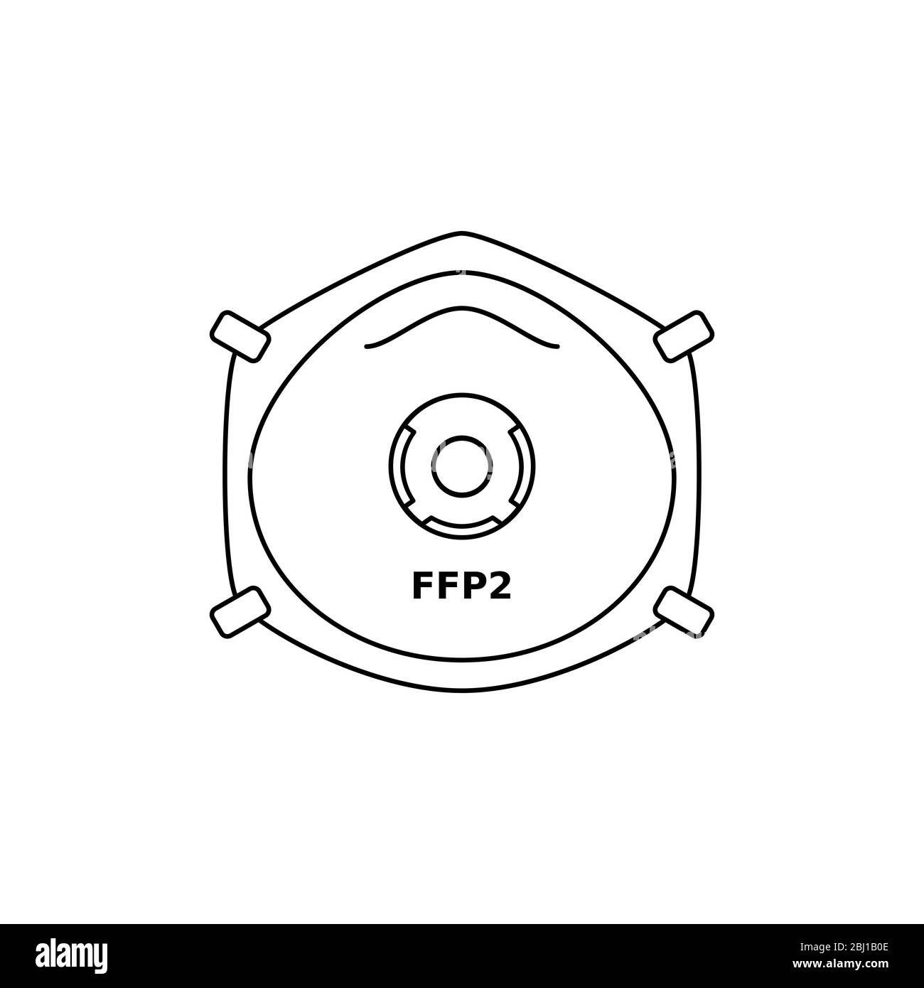 Icona della linea della maschera facciale del respiratore FFP2. Protezione contro il virus Corona o la polvere. Contorno nero su sfondo bianco. Dispositivo di protezione respiratoria. Vettore Illustrazione Vettoriale