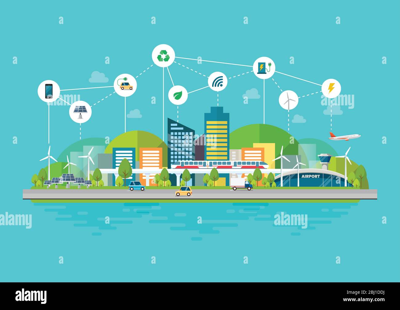 Innovazione ambiente urbano eco-compatibile con infrastrutture e trasporti. Illustrazione vettoriale di concetto di città intelligente Illustrazione Vettoriale