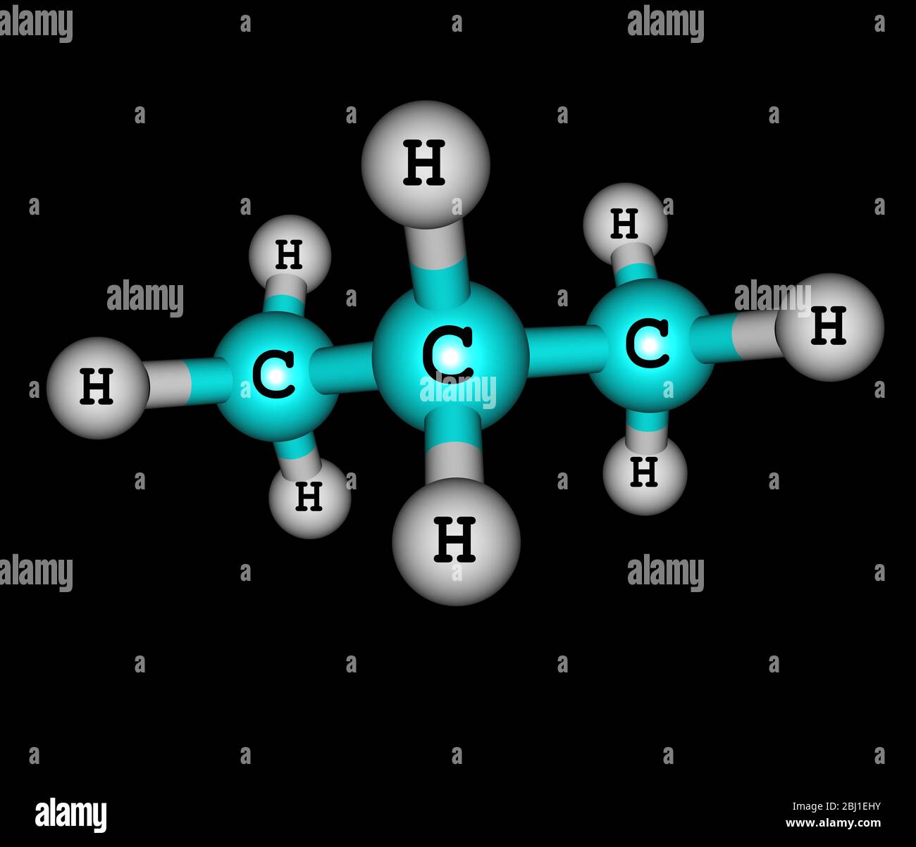 Il propano è un alcano a tre atomi di carbonio con formula molecolare C3H8, normalmente un gas, ma comprimibile in un liquido trasportabile su fondo nero Foto Stock