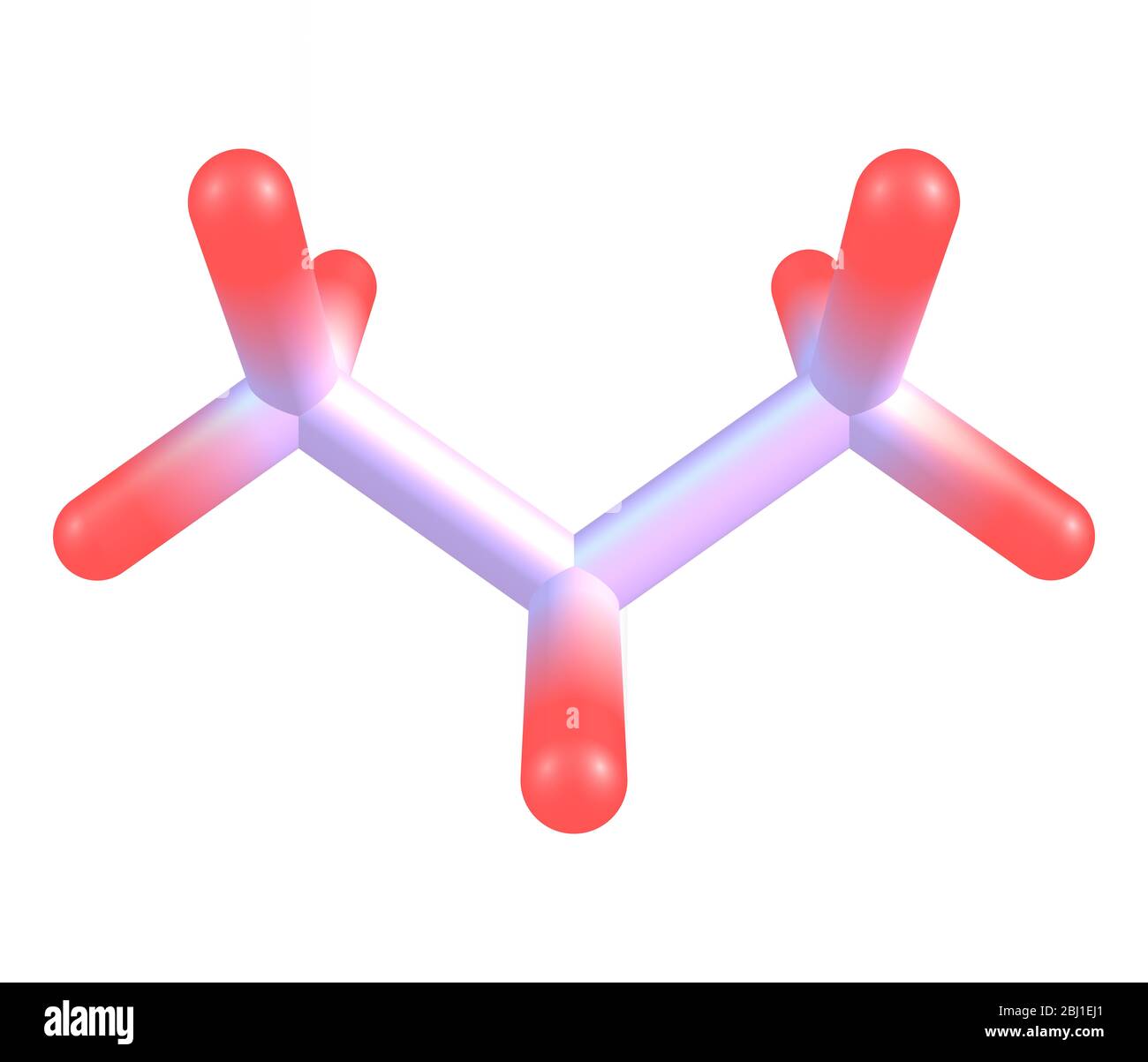 Il propano è un alcano a tre atomi di carbonio con formula molecolare C3H8, normalmente un gas, ma comprimibile in un liquido trasportabile su fondo bianco Foto Stock