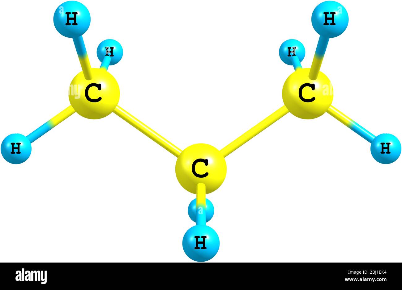 Il propano è un alcano a tre atomi di carbonio con formula molecolare C3H8, normalmente un gas, ma comprimibile in un liquido trasportabile su fondo bianco Foto Stock