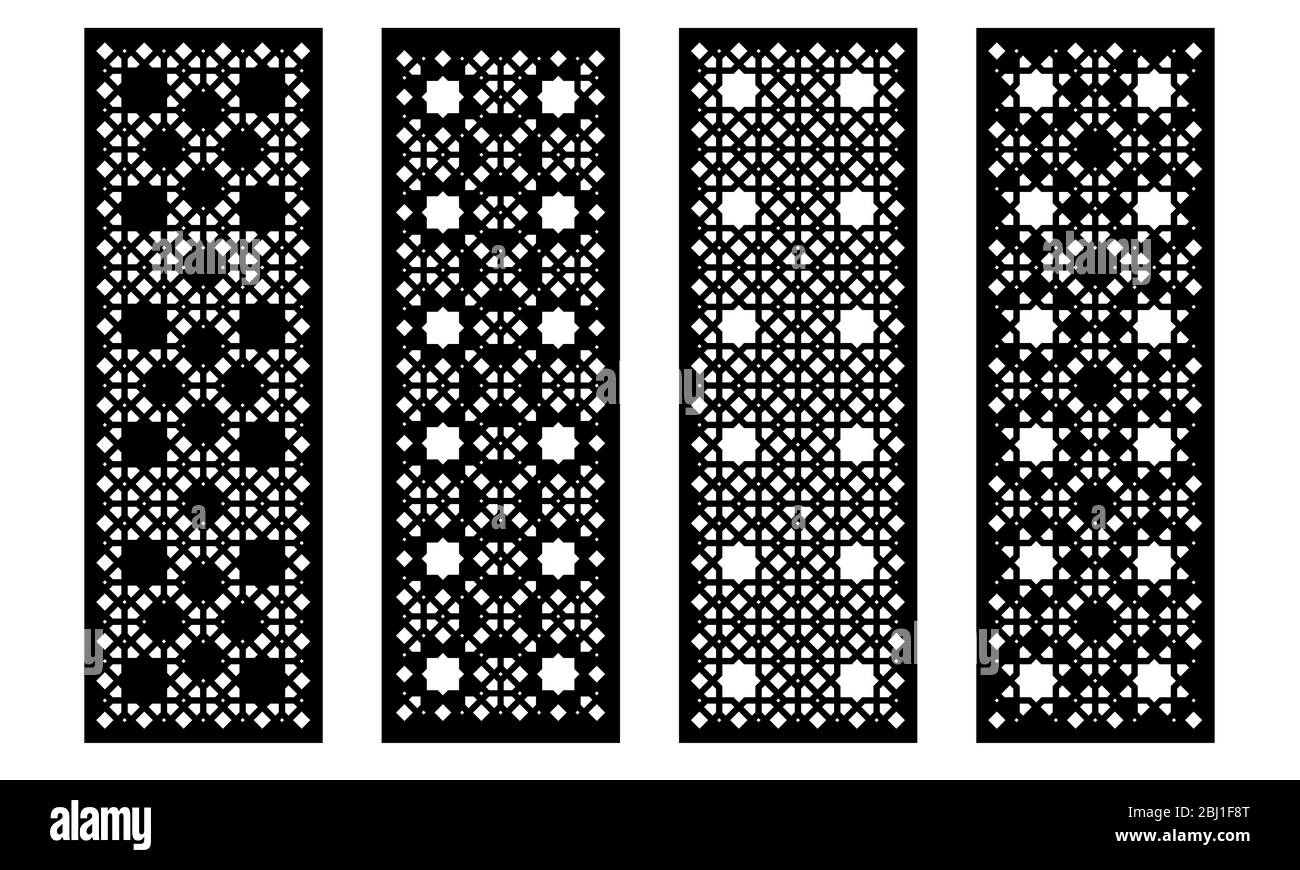 Set di pannelli decorativi vettoriali con taglio laser. Design Jali, arredamento cnc, design d'interni. Taglio laser arabo islamico. Illustrazione Vettoriale