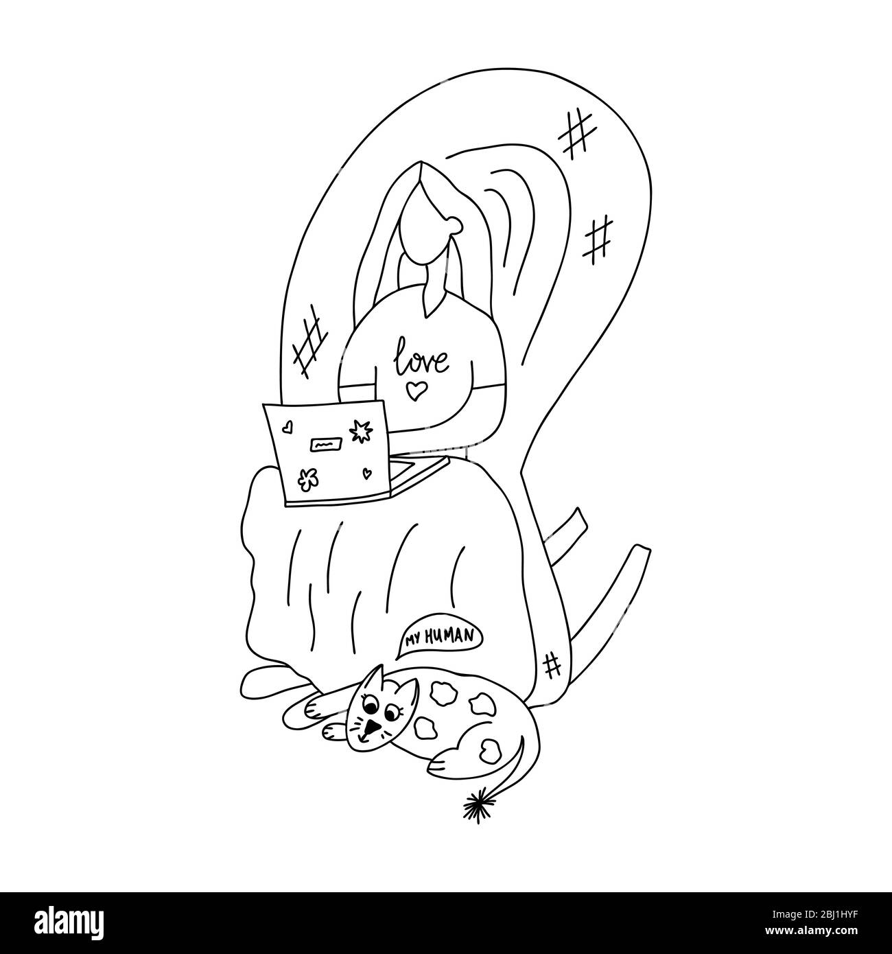 Dootle disegnato a mano circa isolamento. La ragazza è seduta su una sedia a razzo che lavora su un computer portatile. Gatto si trova ai suoi piedi.. Illustrazione di un vettore. Illustrazione Vettoriale