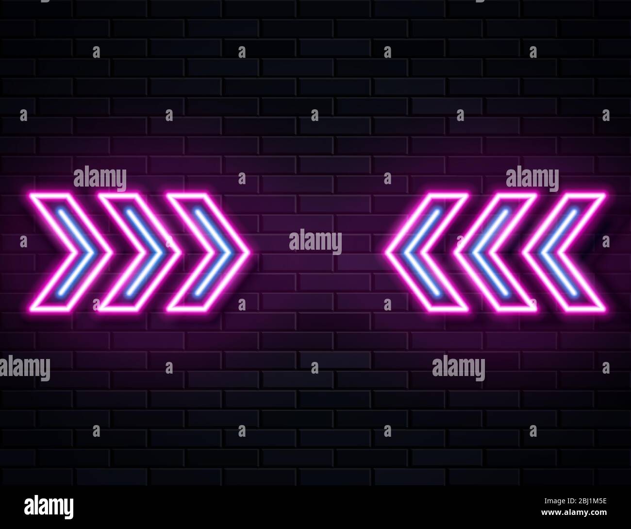 Futuristico Sci Fi moderno Neon Pine brillante frecce telaio per banner su sfondo scuro vuoto Grunge calcestruzzo mattoni. Illustrazione Vettoriale