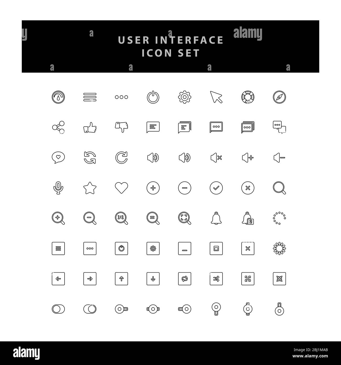 Icone vettoriali di interfaccia utente di base impostate con design del contorno Illustrazione Vettoriale
