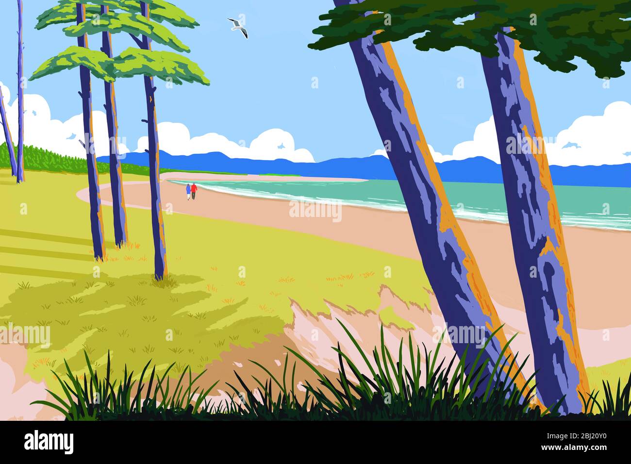 Un'illustrazione di Newborough Beach su Anglesey con la Penisola di Llyn, Galles del Nord, Regno Unito Foto Stock