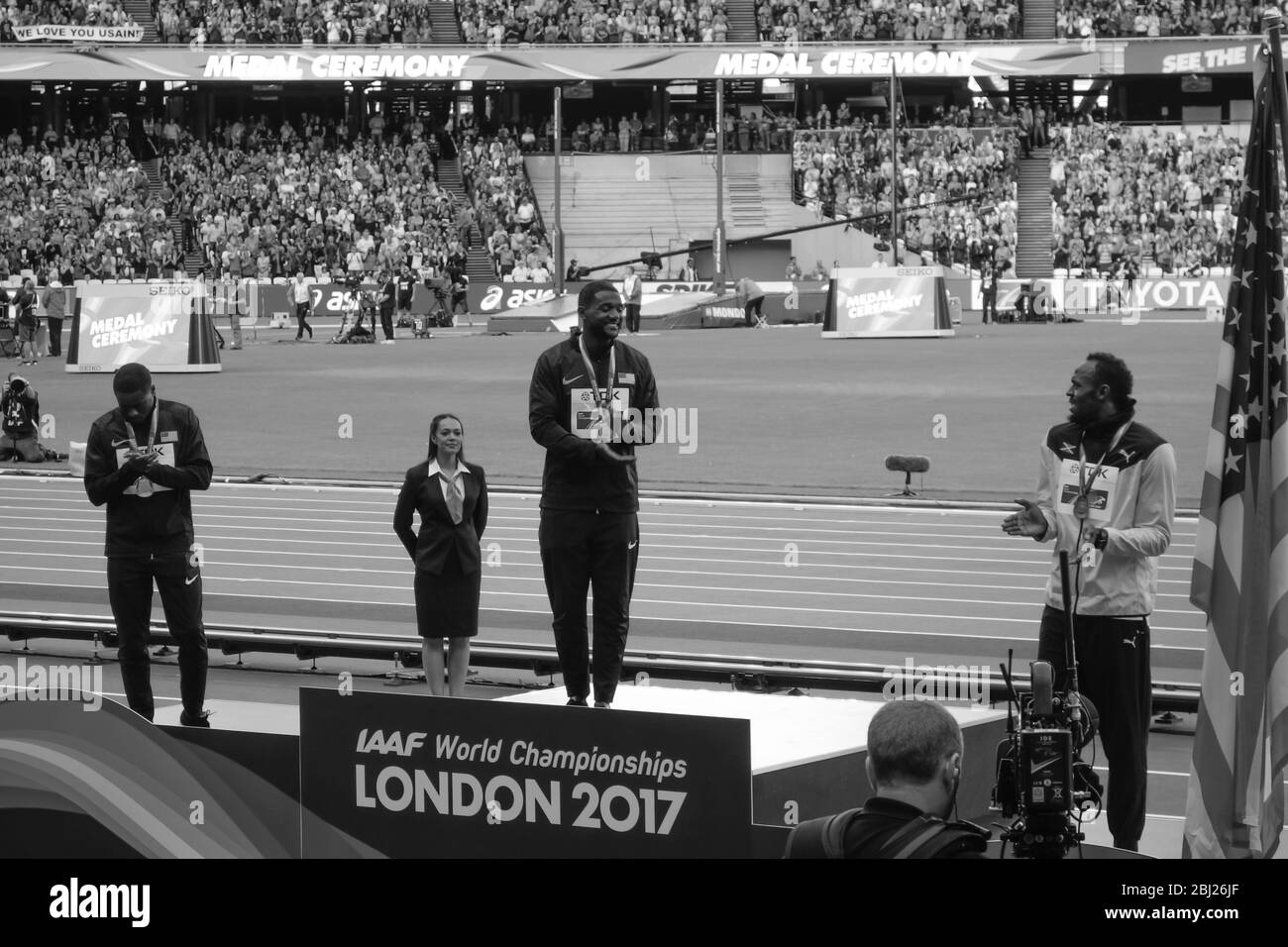 Uomini 100m cerimonia di premiazione presso il London 2017 IAAF Campionati del Mondo a Londra, UK, 06 agosto 2017. Foto Stock