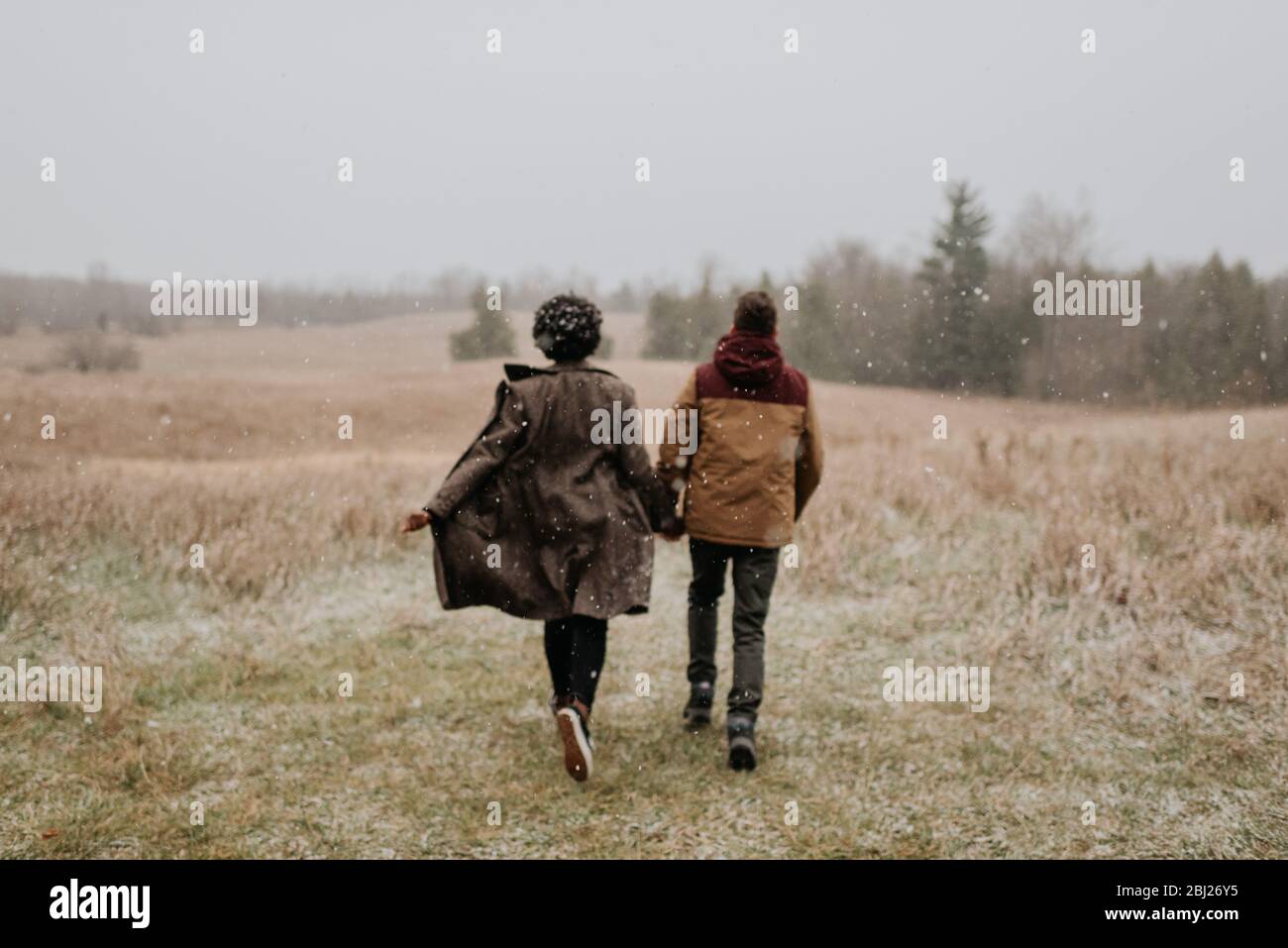 Vista posteriore di una coppia che tiene le mani a piedi in un paesaggio rurale wintry. Foto Stock