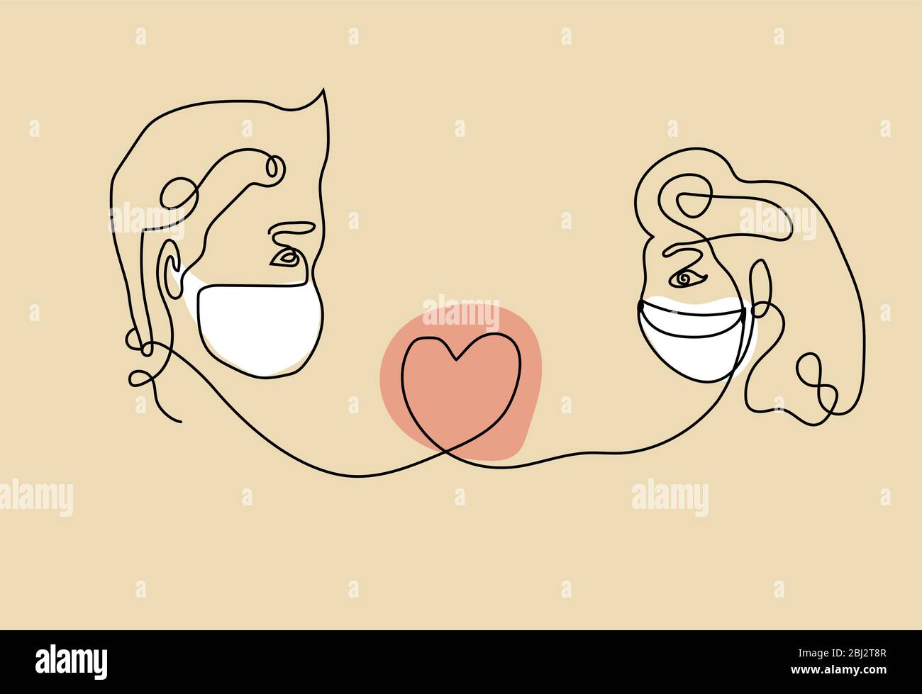 Coppia mascherata ragazzo e ragazza in linea arte moderna stile alla moda. Donna astratta faccia una linea. Illustrazione vettoriale Illustrazione Vettoriale