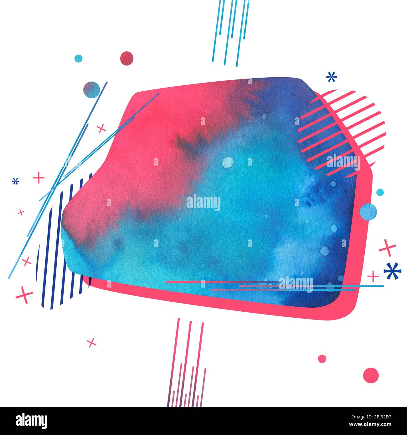 forma geometrica color rosa e blu, decorata con linee e simboli e isolata su sfondo bianco Foto Stock