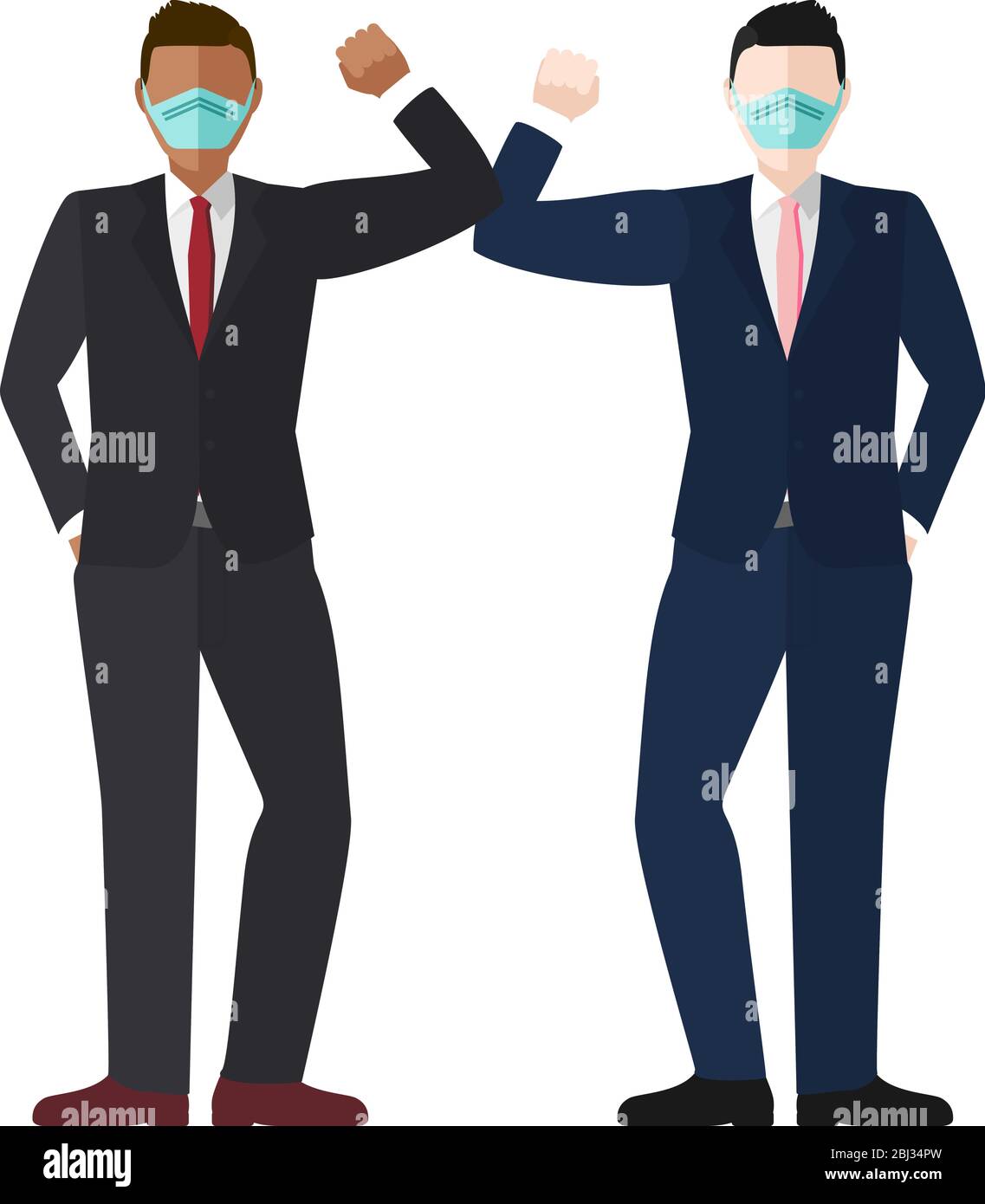 Gomito bump saluto concetto vettore di due uomini d'affari ben vestiti indossando maschere con spazio copia per la prevenzione di coronavirus COVID-19 Illustrazione Vettoriale