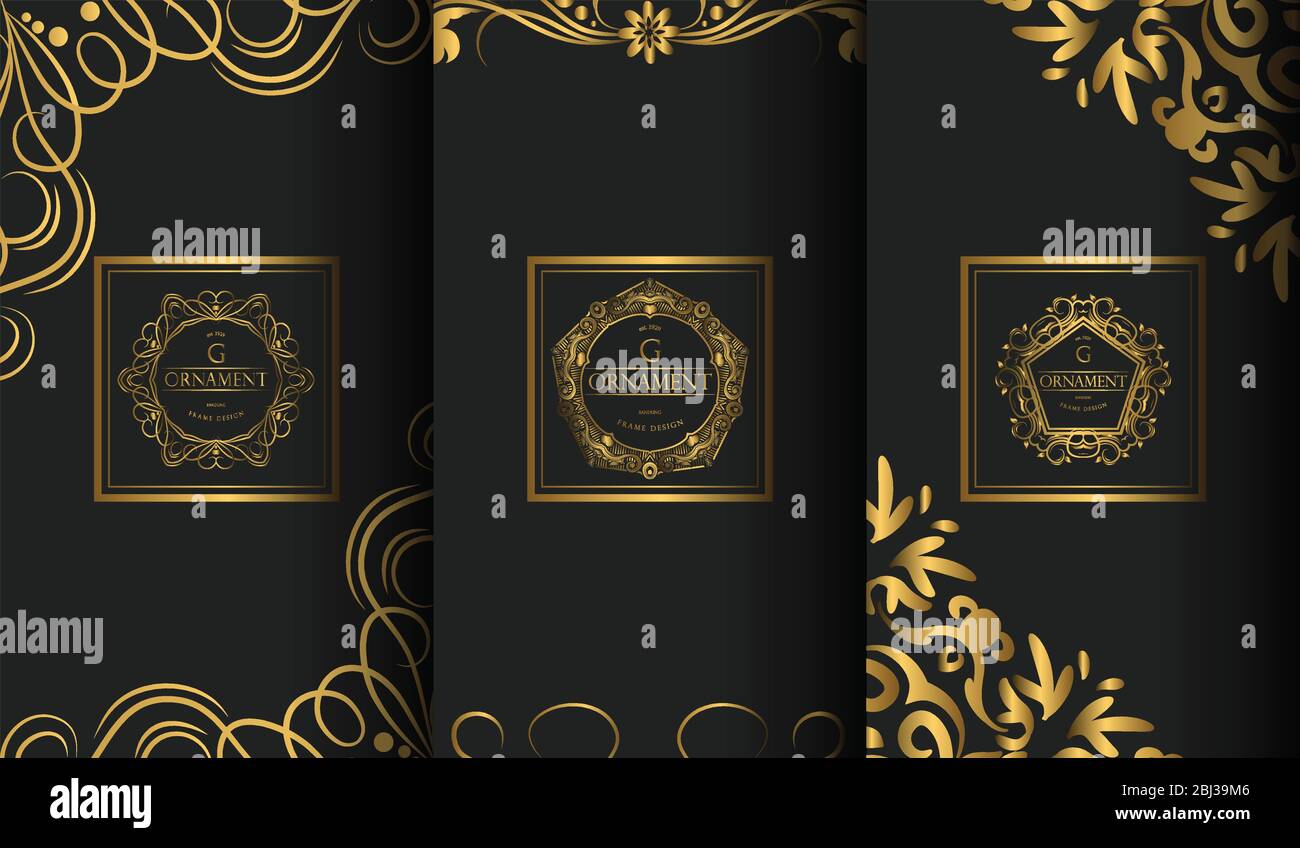 Set di modelli di imballo con ornamento elemento design, etichetta, logo. Realizzato con fiore dorato di lusso su sfondo ornamentale Illustrazione Vettoriale