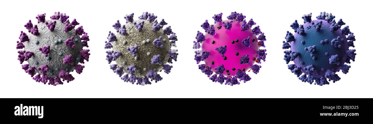 Set di illustrazioni mediche stilizzate dell'infezione da coronavirus COVID-19. Rendering di modelli 3D isolati su sfondo bianco. Foto Stock