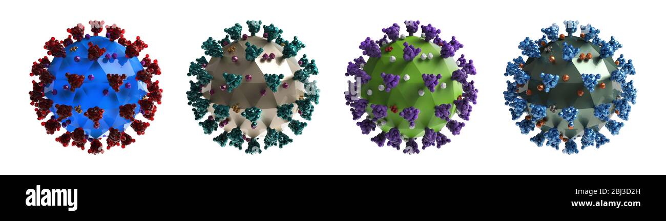 Set di illustrazioni mediche stilizzate dell'infezione da coronavirus COVID-19. Rendering di modelli 3D a bassa poli isolati su sfondo bianco. Foto Stock