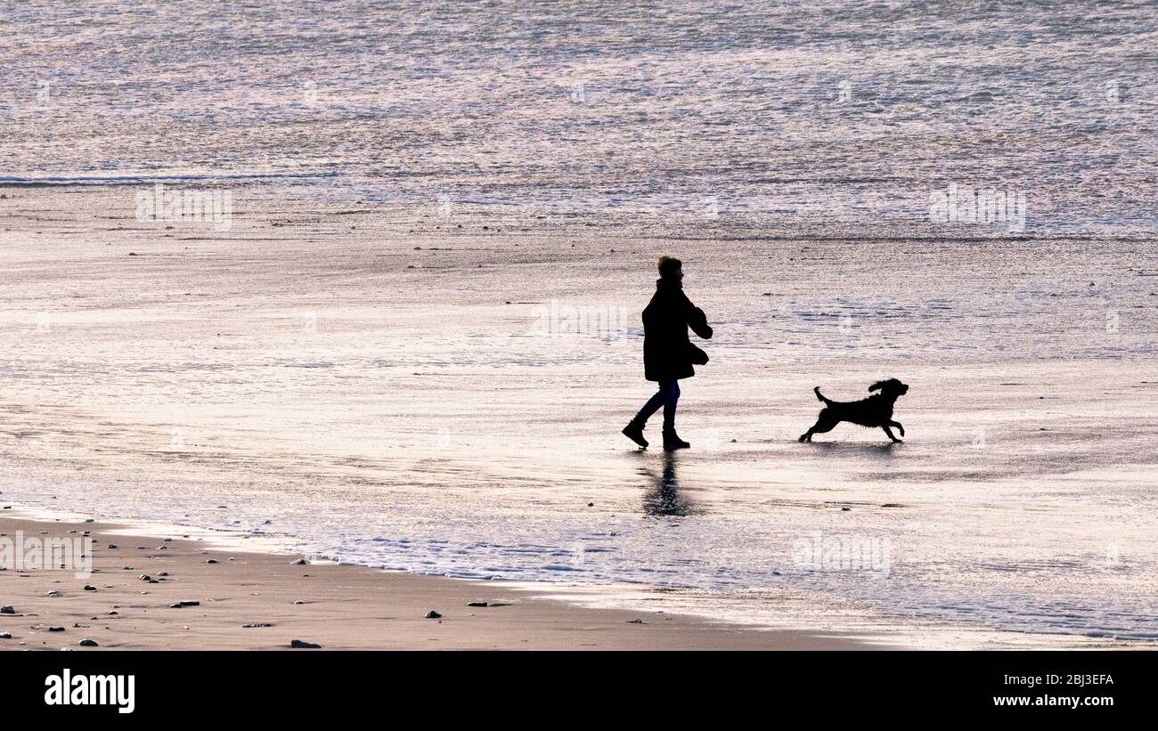 Una vista panoramica di un giovane ragazzo giocando con il suo cane visto in silhouette nella luce della sera su Fistral Beach in Newquay in Cornovaglia. Foto Stock