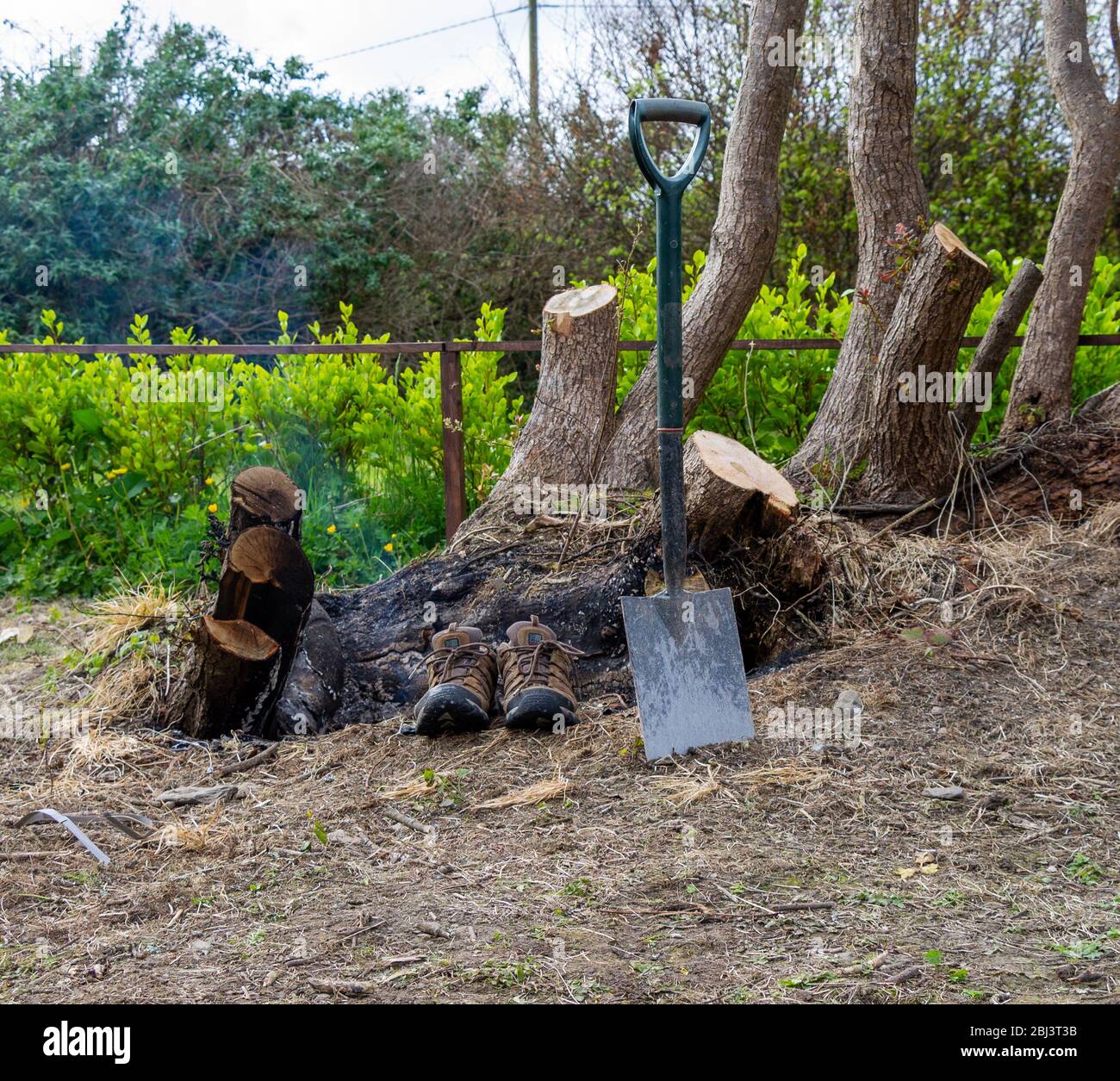 Il giardino ha spiovato o pala con un paio di scarpe accanto ad un ceppo di albero bruciato. Foto Stock