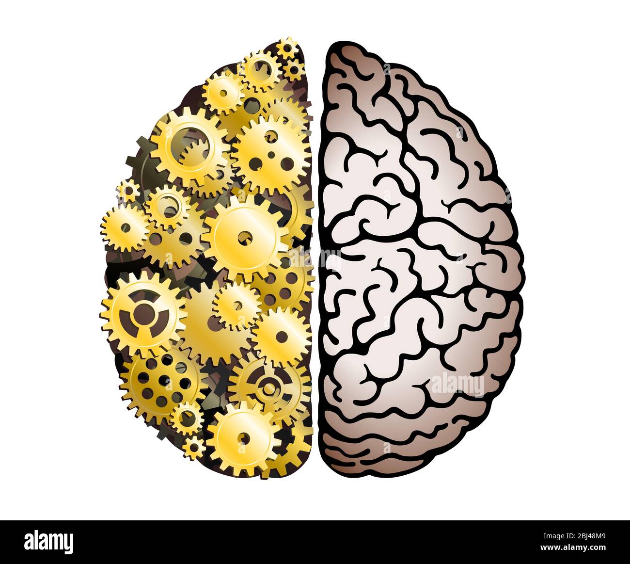 Cervello umano meccanico vettoriale su sfondo bianco. Emisferi cerebrali, convoluzioni della mente cervello. Ruota dentata e ingranaggi, duro processo di pensiero Illustrazione Vettoriale