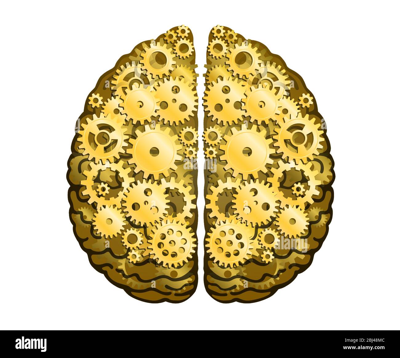 Cervello umano meccanico vettoriale. Emisferi cerebrali, convoluzioni della mente cervello. Ruote e ingranaggi in metallo dorato, processo di pensiero e di scoperta Illustrazione Vettoriale