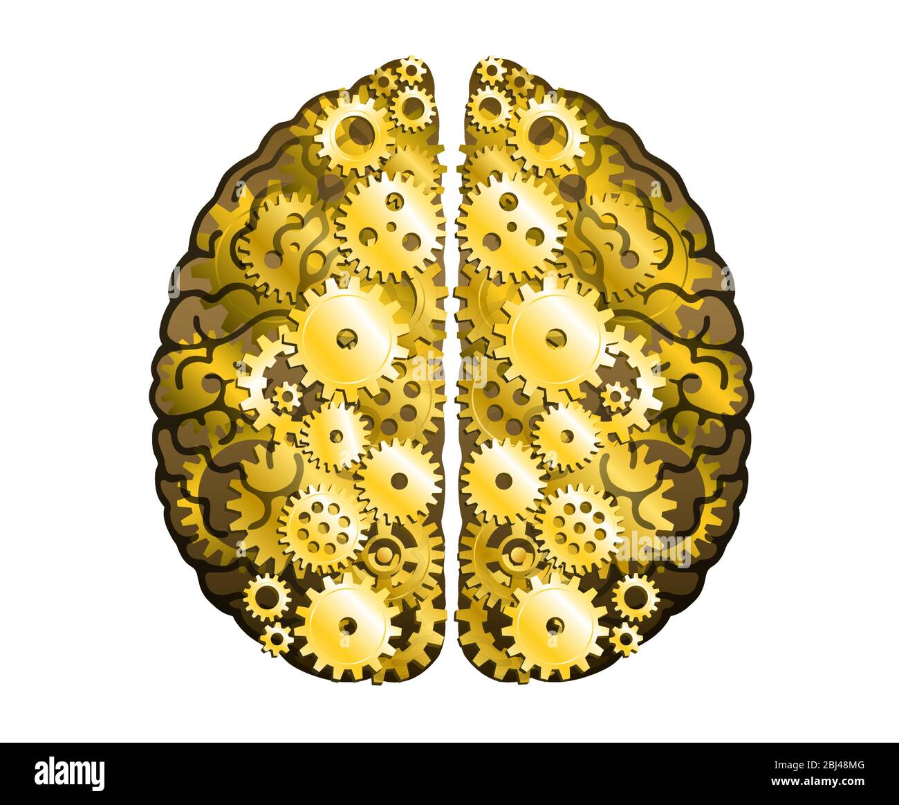 Cervello umano meccanico vettoriale su sfondo bianco. Emisferi cerebrali, convoluzioni della mente cervello. Ruota dentata e ingranaggi dorati, processo di pensiero Illustrazione Vettoriale