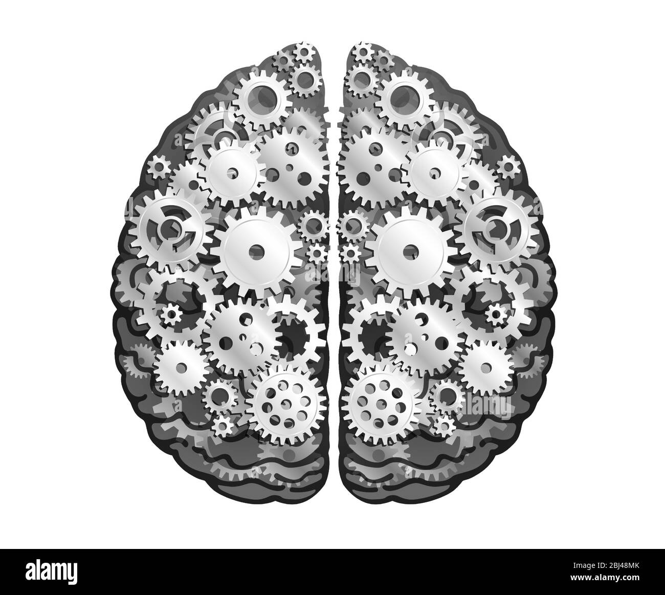 Cervello umano meccanico vettoriale. Ruote e ingranaggi in metallo argentato. Emisferi cerebrali, convoluzioni della mente cervello. Processo di pensiero e Findin Illustrazione Vettoriale