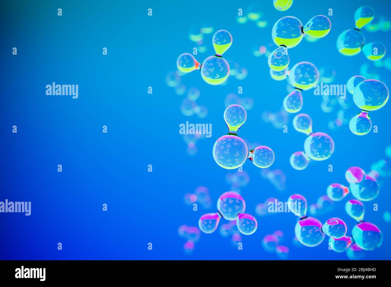 Rendering 3d: Modelli di molecole di acqua H2O davanti a sfondo blu. Riflessi colorati. Spazio per la copia a sinistra o a destra (o in alto/in basso se utilizzato Foto Stock