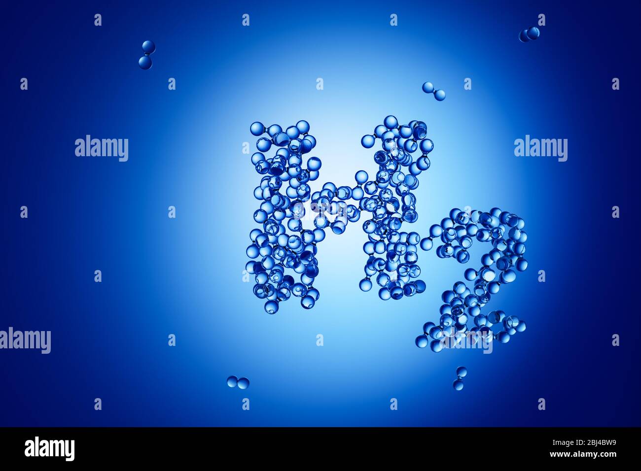 Rappresentazione 3d: Molecole astratte di idrogeno H2 che formano le lettere 'H2' davanti a sfondo blu Foto Stock