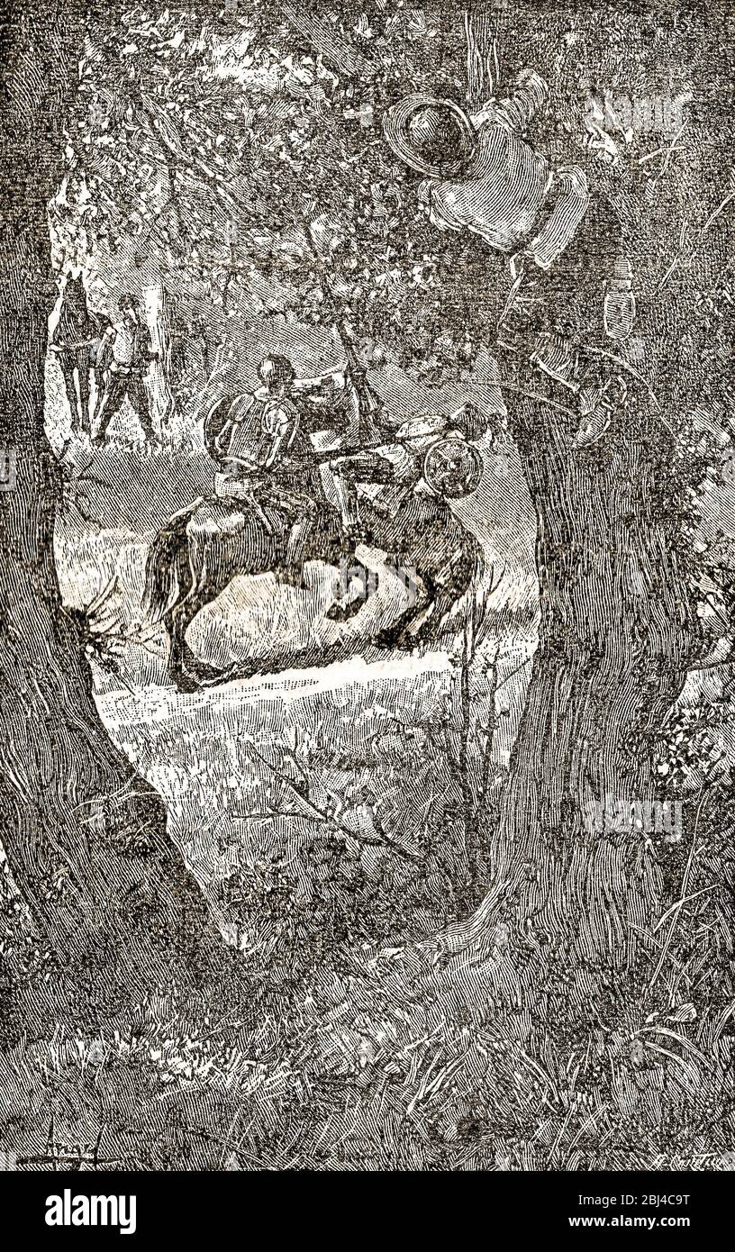 Don Quixote scena del romanzo. Illustrazione da Calleja Edition pubblicata nel 1916. Cavaliere del Grove o avventura Mirror Foto Stock