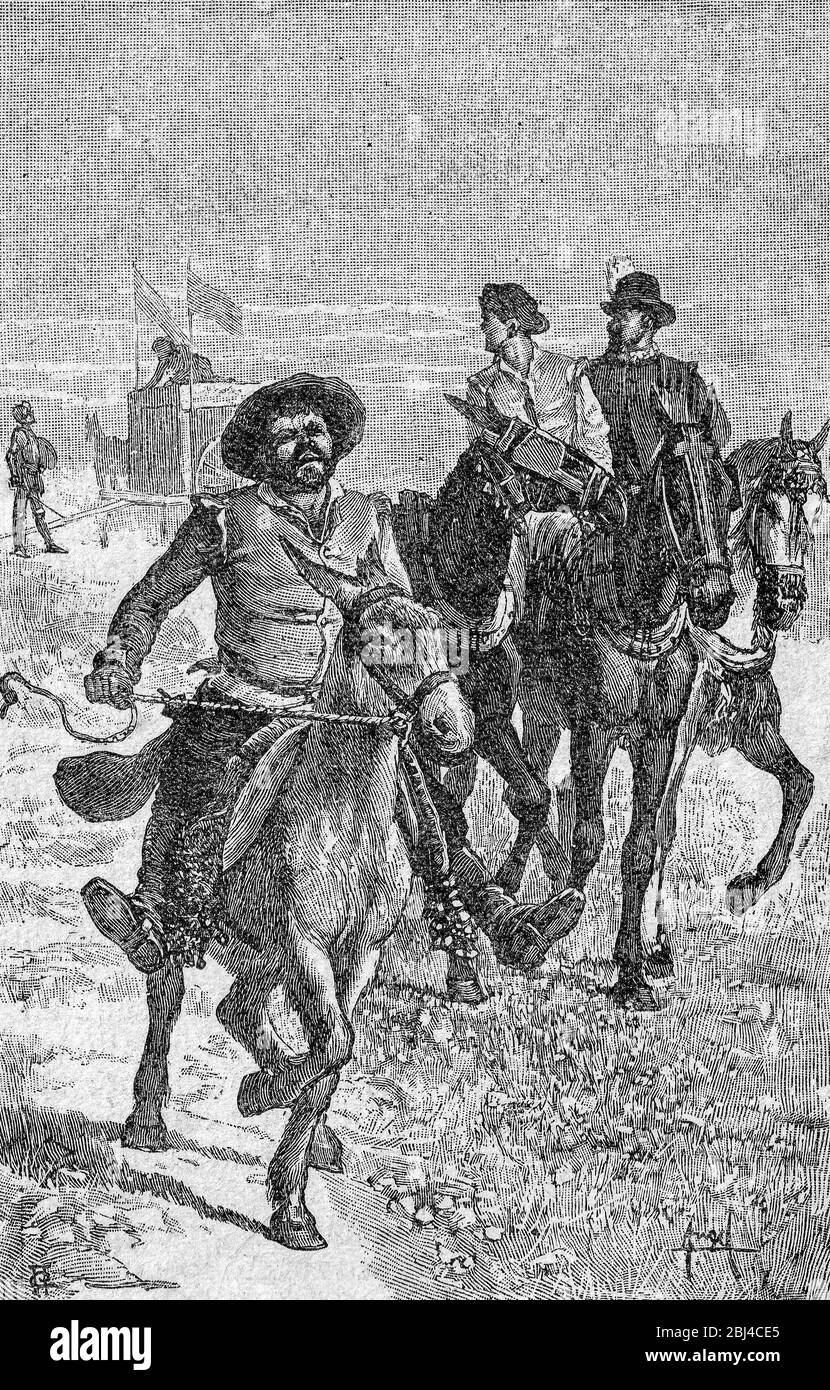 Avventura dei leoni. Don Quixote scena del romanzo. Illustrazione di S. Calleja Edition pubblicata nel 1916. Foto Stock