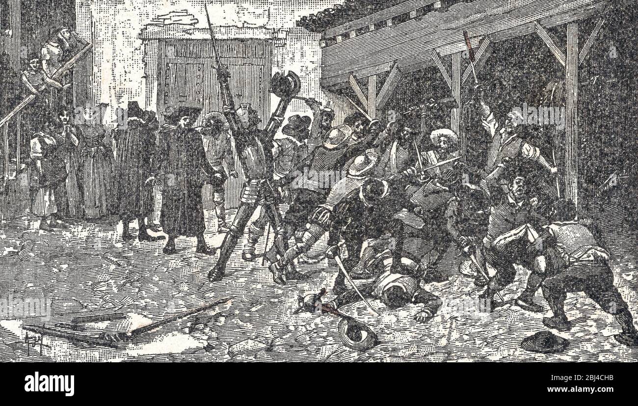 I combattimenti multitudini a Maritormes Inn. Don Quixote scena del romanzo. Illustrazione di S. Calleja Edition pubblicata nel 1916 Foto Stock