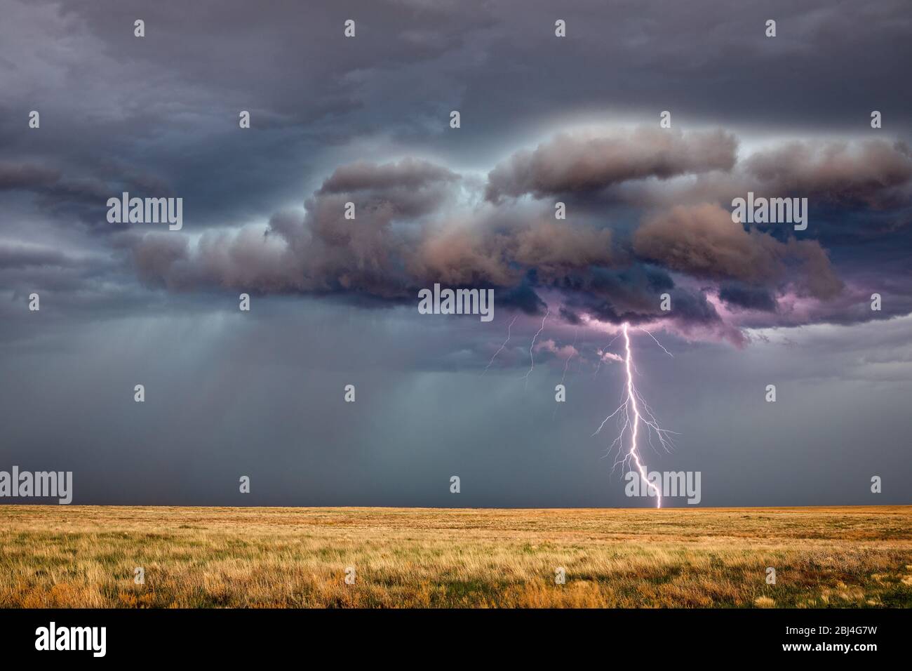 Un fulmine potente colpisce da una tempesta con le nubi drammatiche e il cielo scuro su un campo vicino Haswell, Colorado Foto Stock