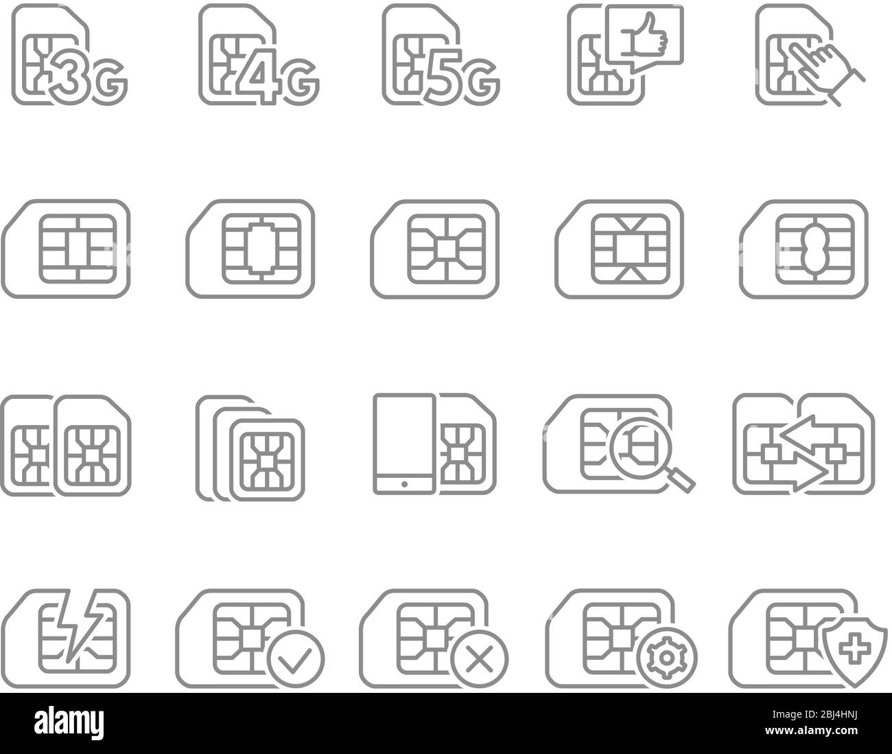 Serie di icone della linea della scheda SIM. 3G, 4G, 5G - rete, Internet mobile, chip EMV, slot per schede, chip per telefono e altro ancora. Illustrazione Vettoriale