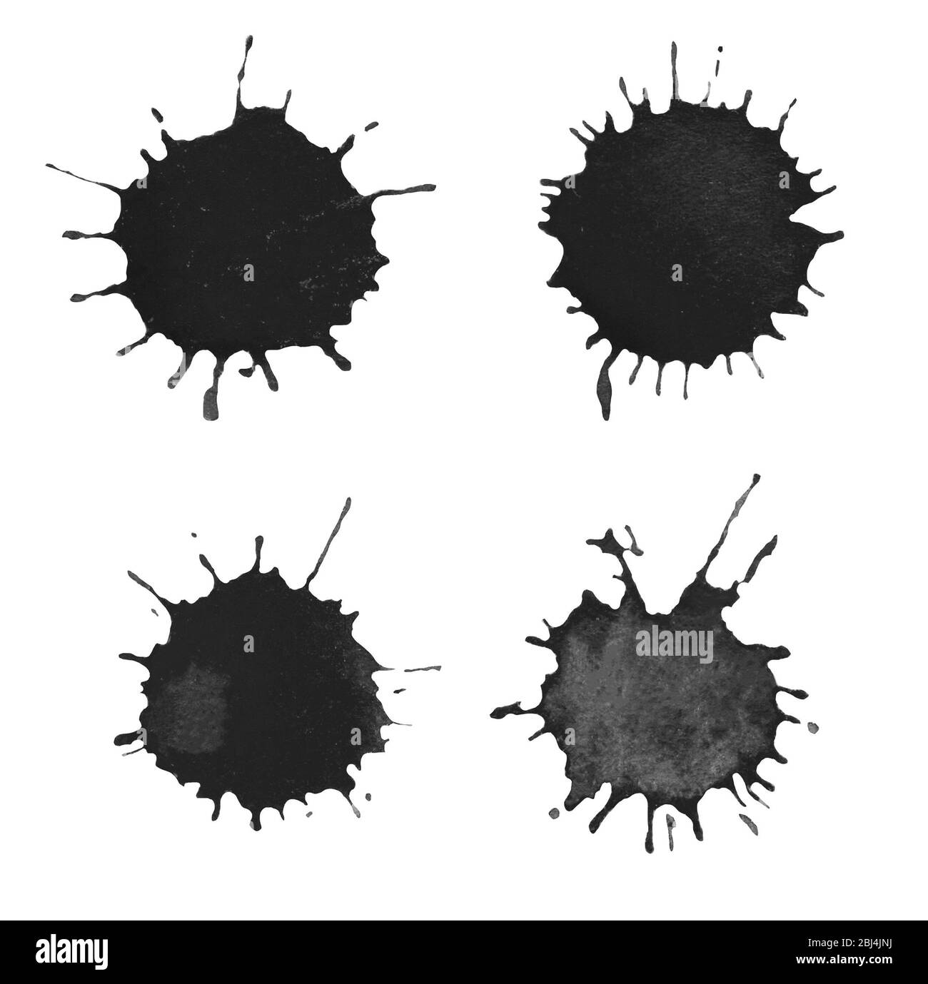 Schizzi di acquerello isolati su sfondo bianco. Set di macchie acquerello nere. Schizzi di inchiostro nero isolati Foto Stock