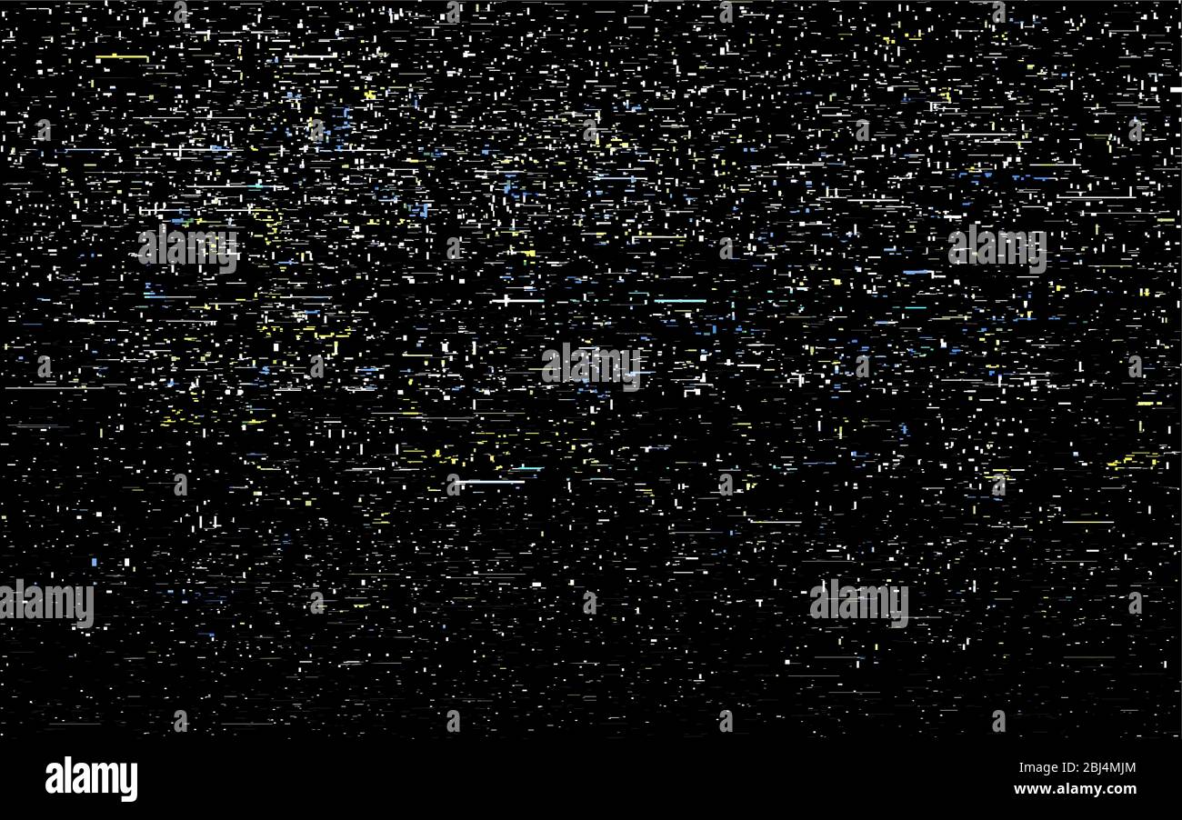 Effetto VHS di glitch. Linee orizzontali bianche su sfondo scuro. Video retro con rumore bianco. Nessun modello di segnale. Concetto di telecamera analogica. Vettore Illustrazione Vettoriale