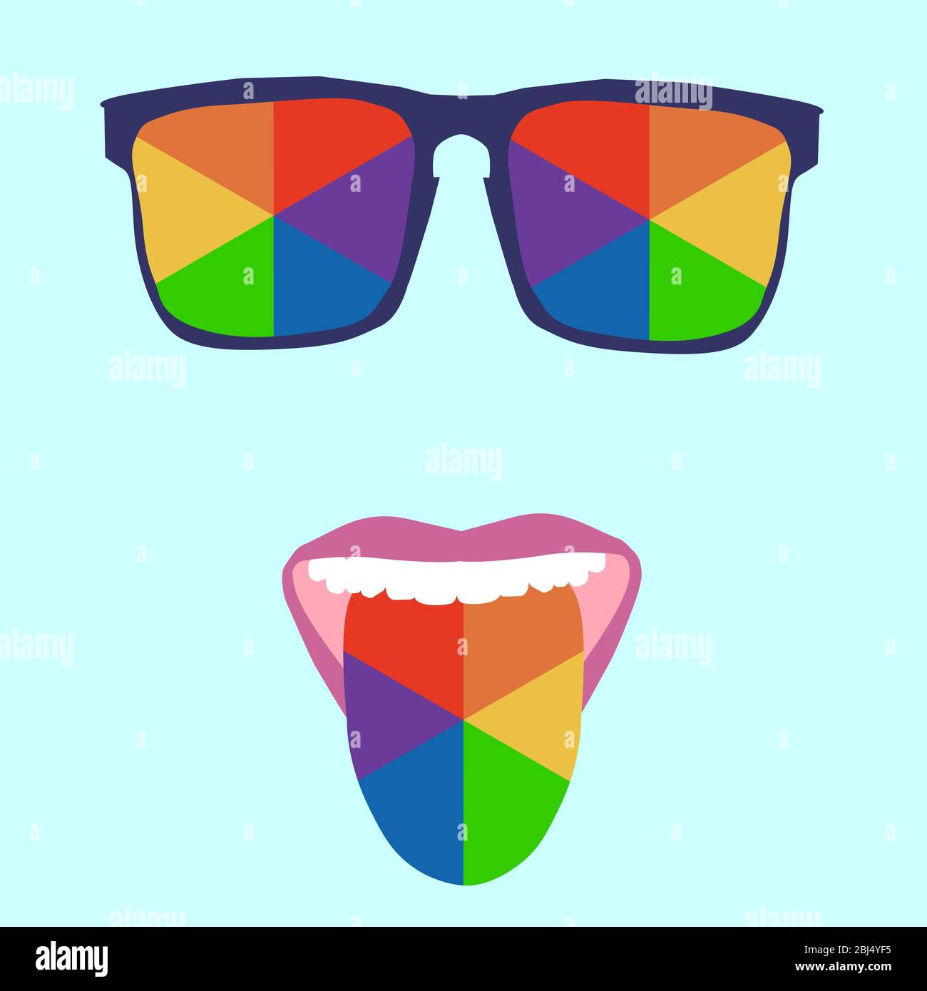 vetri quadrati in una cornice blu con vetri dipinti in colori arcobaleno e una bocca aperta con una lingua sporgente dipinta in colori arcobaleno su una b blu Illustrazione Vettoriale