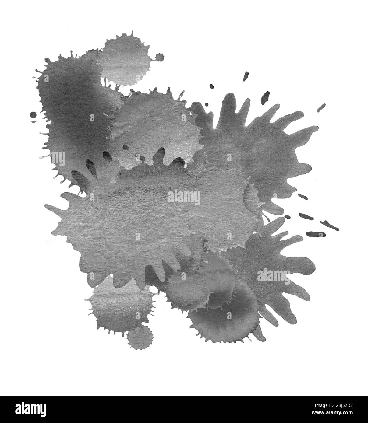 Macchiare le macchie di vernice. Spruzzi di inchiostro nero. Spruzzi di nero acquerello. Sfondo color acqua. Foto Stock