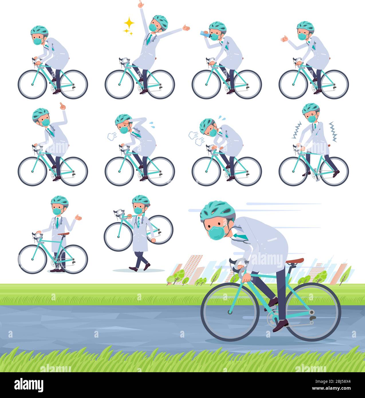 Un set di dottore indossando la maschera N95mask su una bici da strada.c'è un'azione che si sta godendo.è arte vettoriale in modo da è facile da modificare. Illustrazione Vettoriale