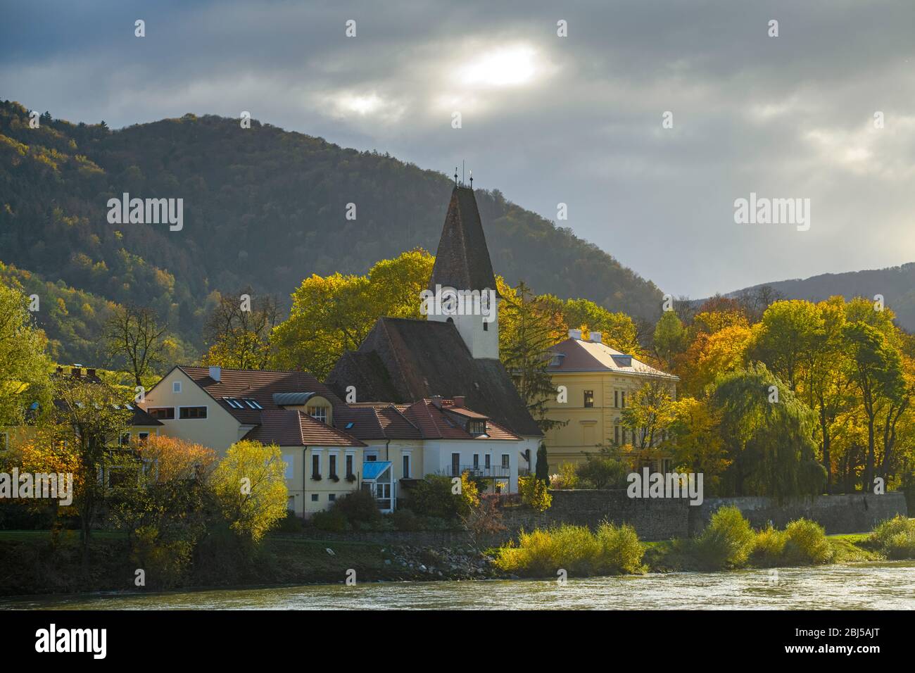 Autunno nella valle di Wachau - Chiesa cattolica di Pfarrof, vigneti e edifici cittadini, valle di Wachau, Spitz, bassa Austria, Austria Foto Stock