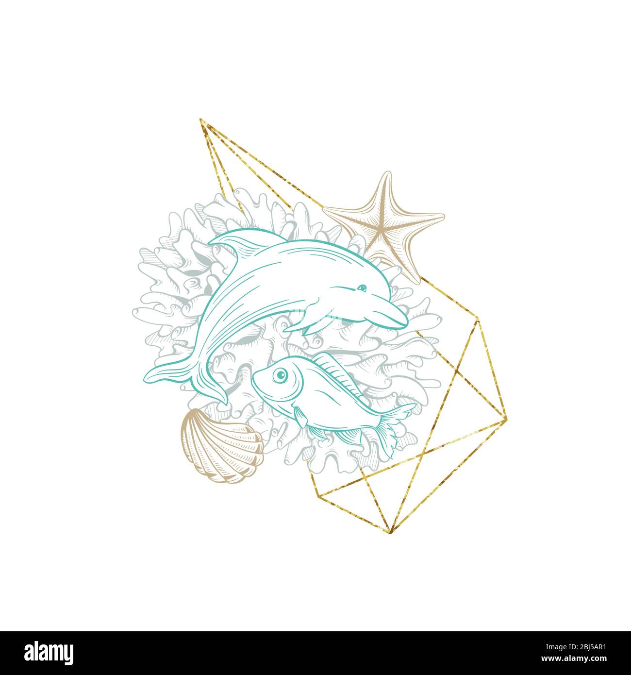 Corona d'arte marina, linea di disegno vettoriale, delfini oceanici e coralli marini in oro glitter frame. Design marino per carta di nozze, viaggi e vacanze, subacquea tropicale pesce mare decorazione sfondo Illustrazione Vettoriale